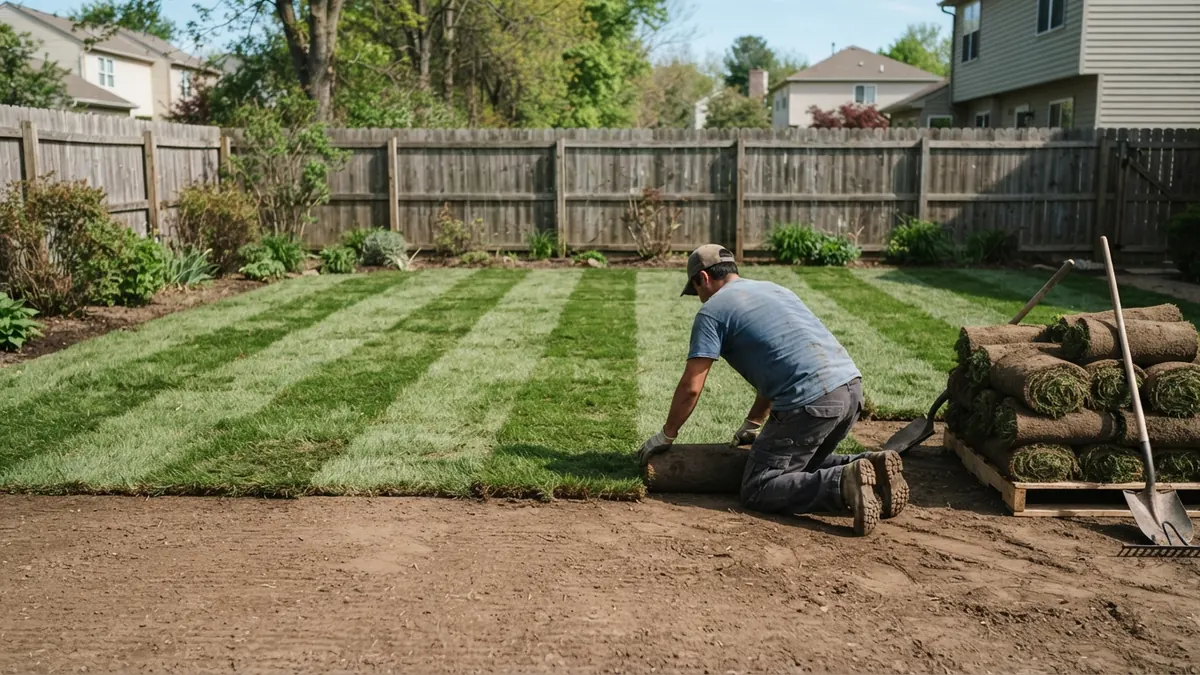 Rolls of fresh sod being laid on a prepared bare-soil lawn area