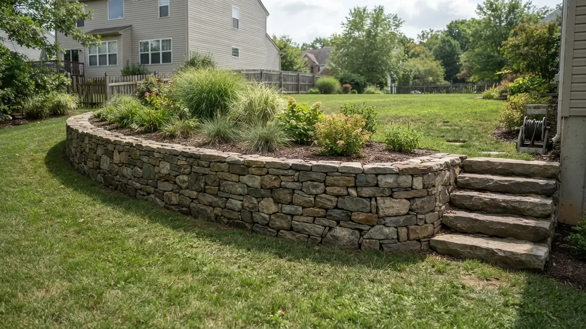 Natural stone retaining wall holding a terraced planting bed in a residential backyard