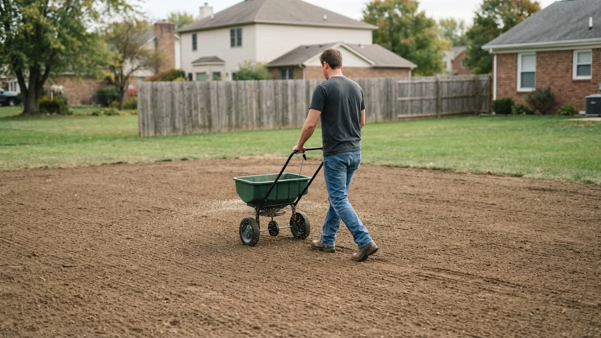 Homeowner spreading grass seed with a broadcast spreader over prepared bare soil