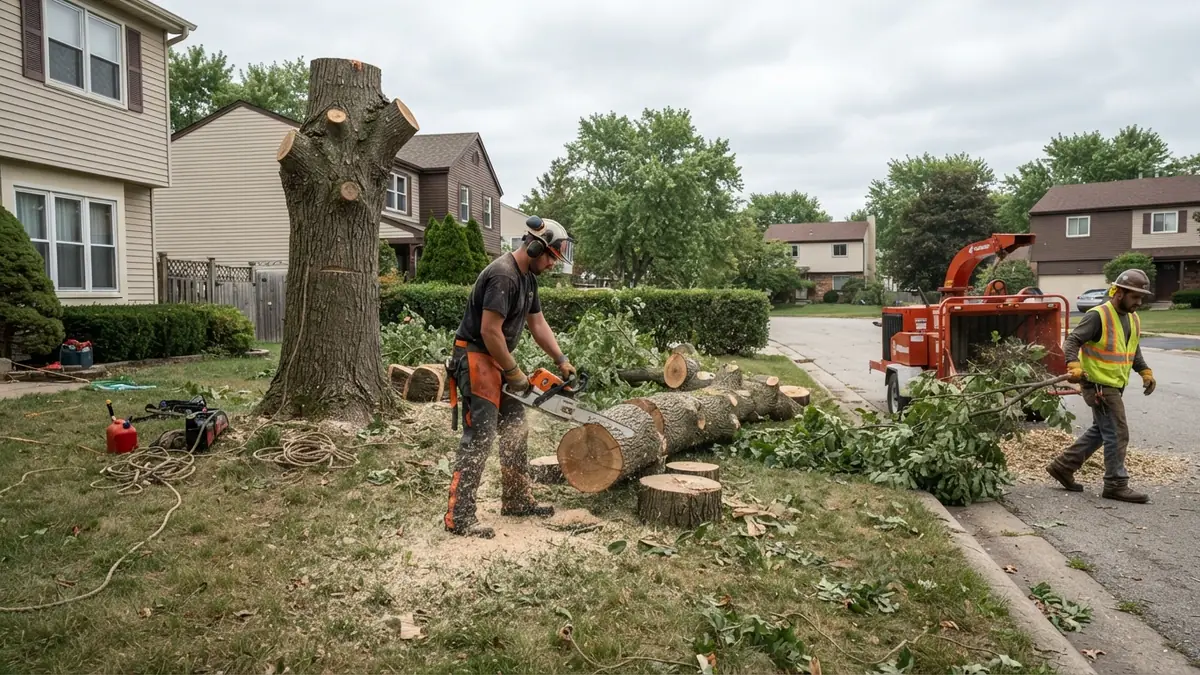 Tree crew removing a large tree in a residential yard with a chainsaw