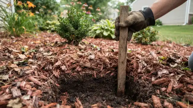 Gardener checking mulch depth with a wooden stake beside a pulled-back section of bark mulch