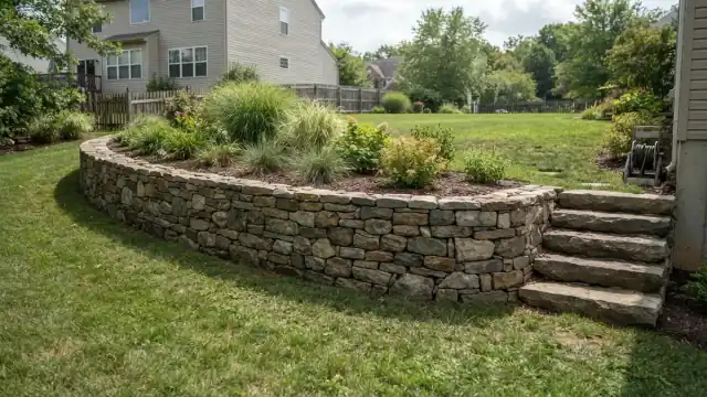 Natural stone retaining wall holding a terraced planting bed in a residential backyard