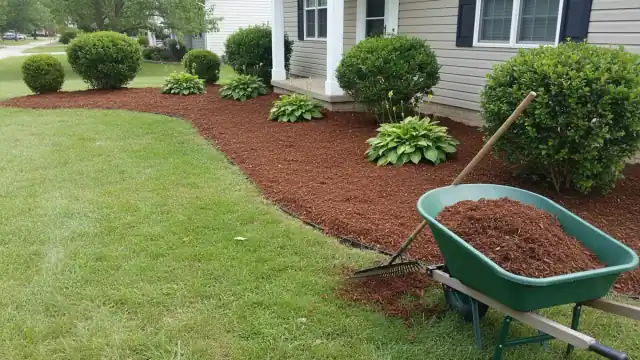 Freshly spread shredded hardwood mulch in a front-yard planting bed around shrubs